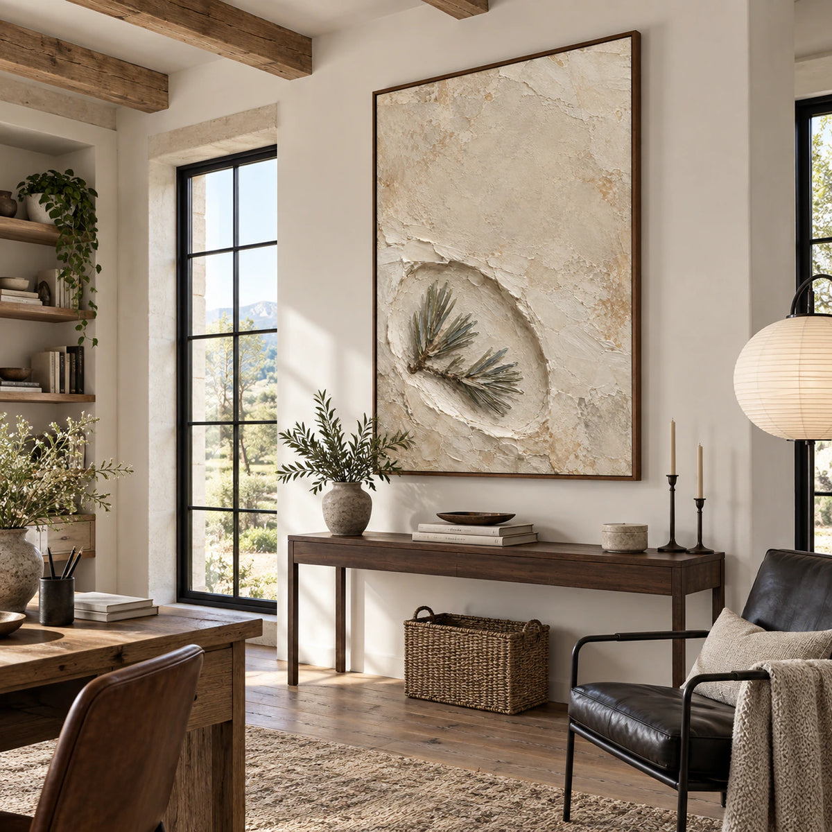 Textured pine relief wall art in an airy reading office.