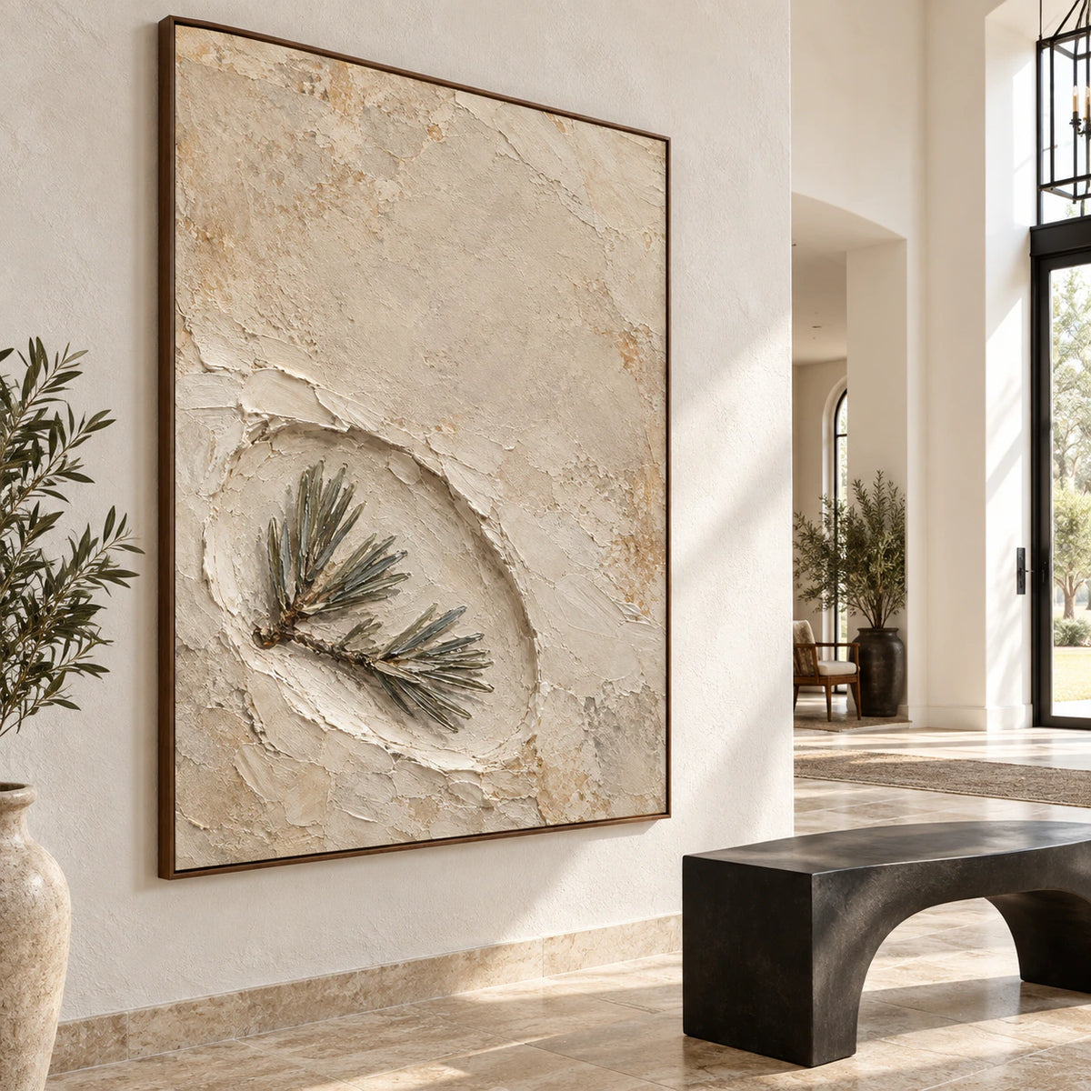 Large textured pine relief wall art in a gallery-scale foyer.
