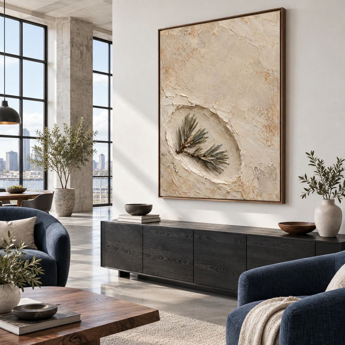 Textured pine relief wall art in an expansive loft hospitality interior.