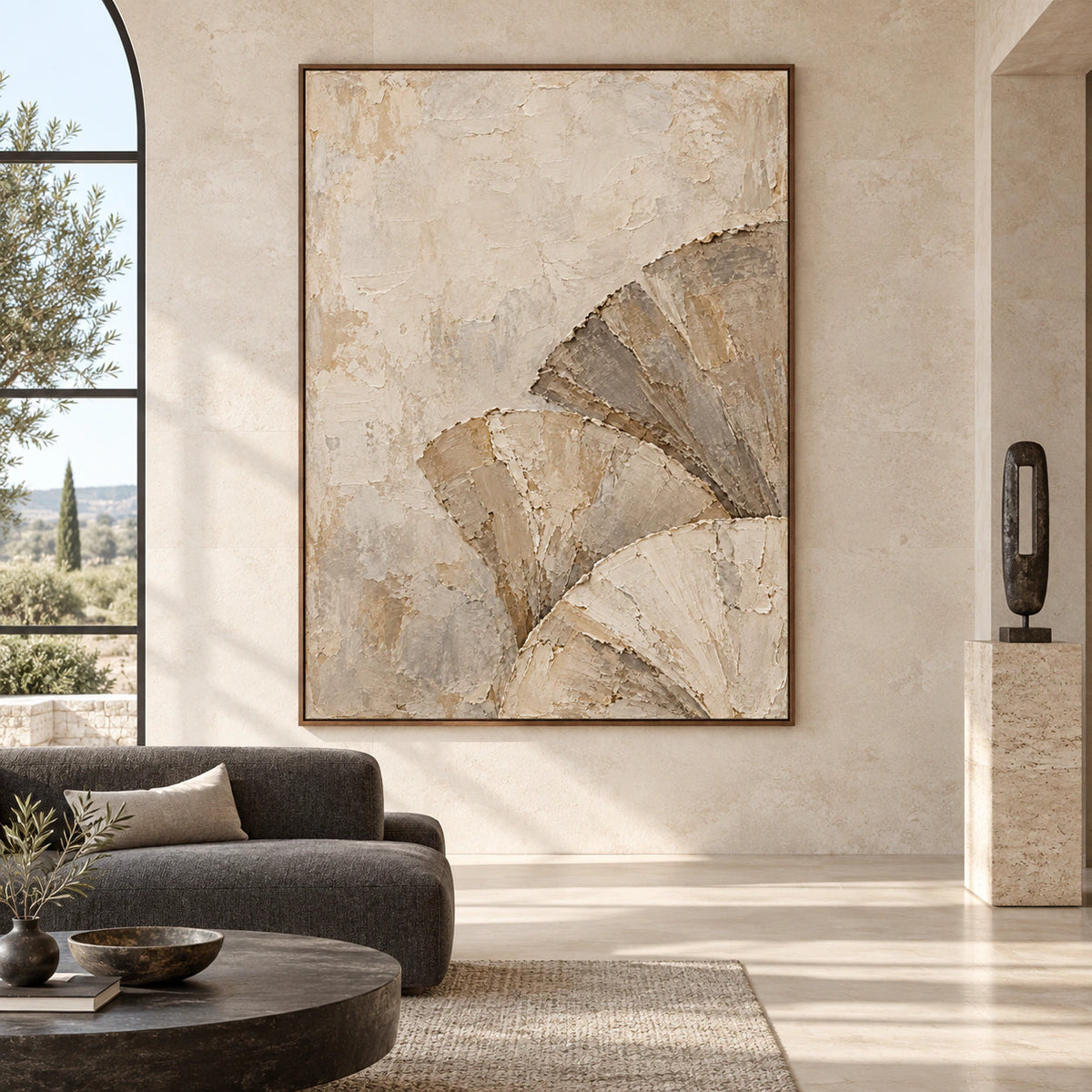 Large vertical Plaster-Arc artwork displayed straight-on in an open architectural living space.