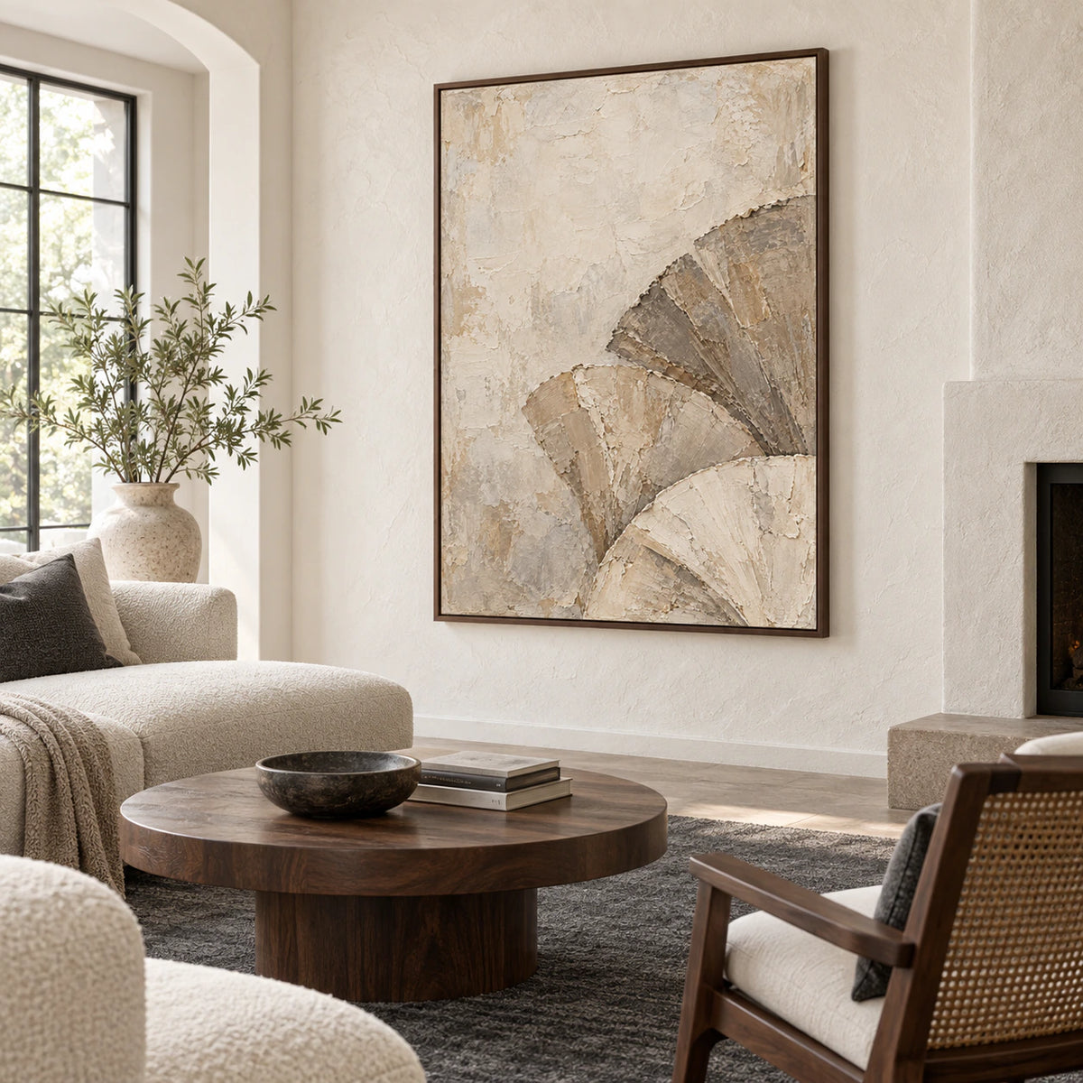 Plaster-Arc as a large focal artwork in a bright contemporary living room.