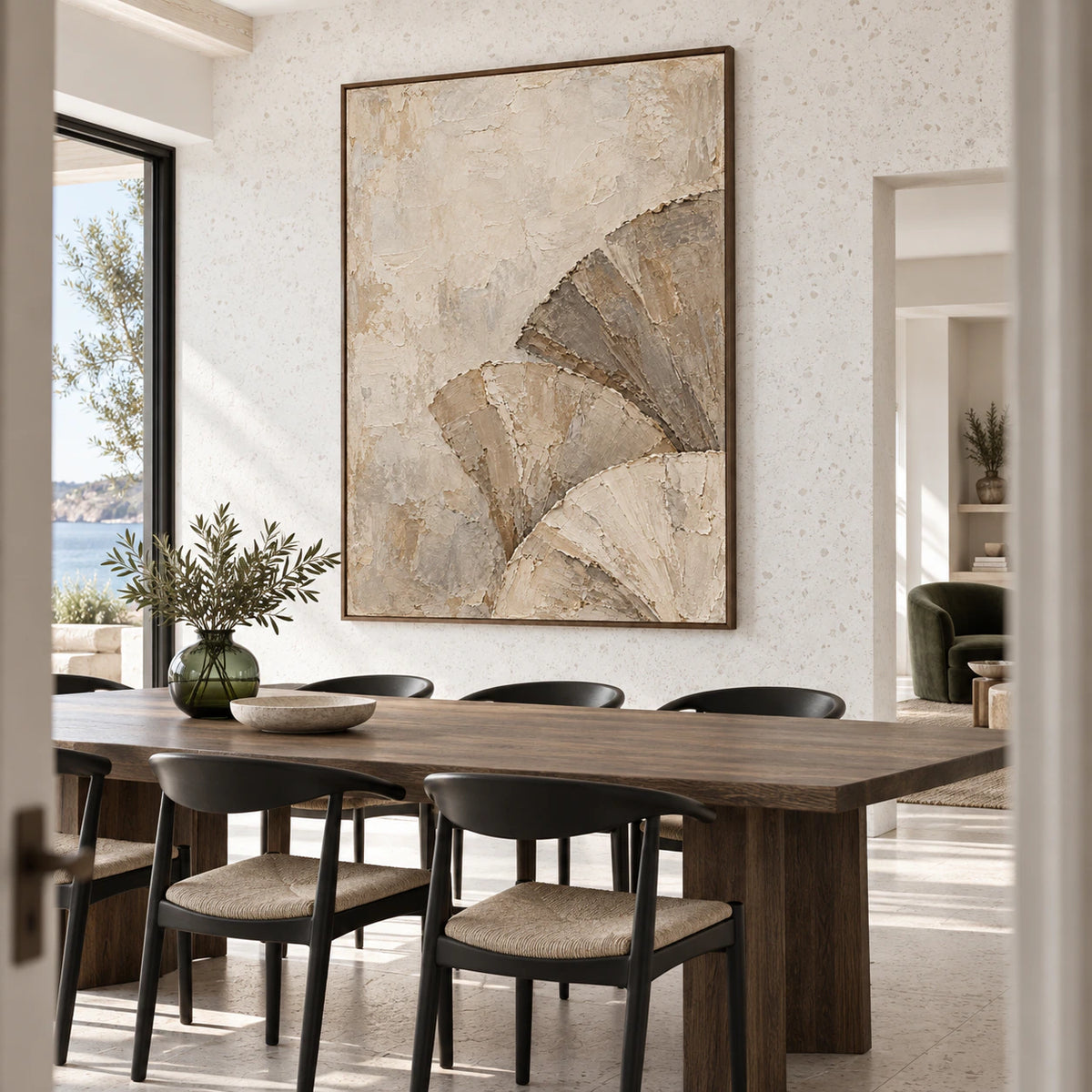 Large Plaster-Arc artwork above a refined dining setting in daylight.