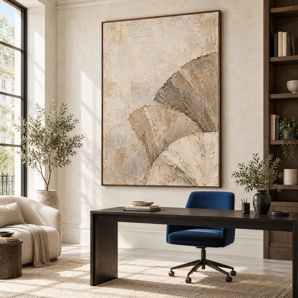 Plaster-Arc as the focal artwork in an airy home office reading space.