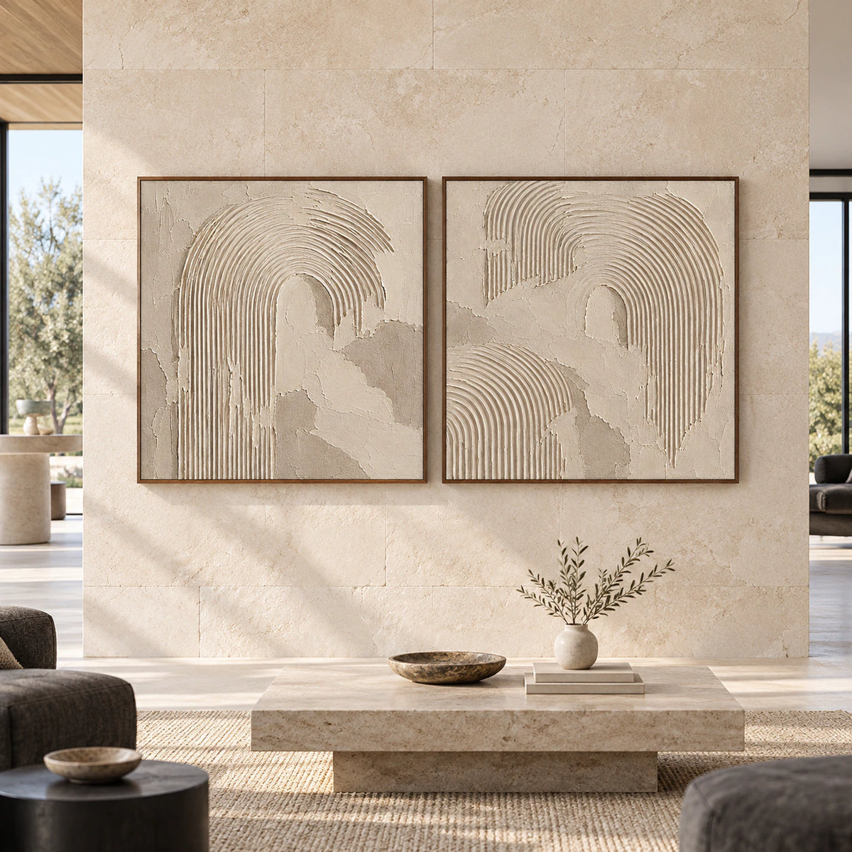Large straight-on gallery room with the Plaster-Arches square diptych in slim walnut frames.