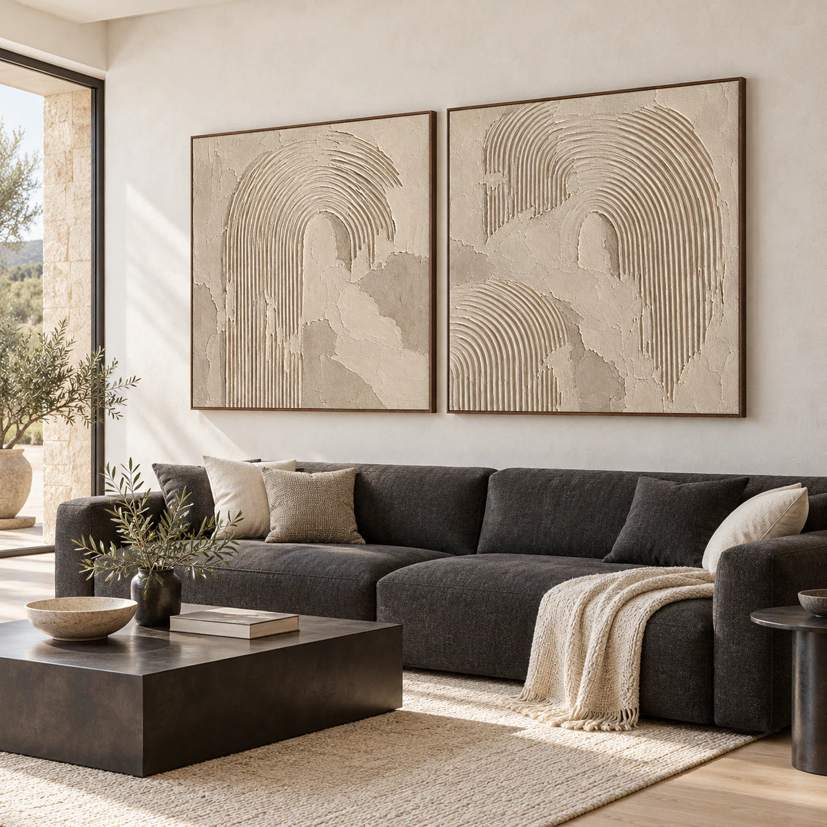 Bright living room featuring the Plaster-Arches framed square diptych.