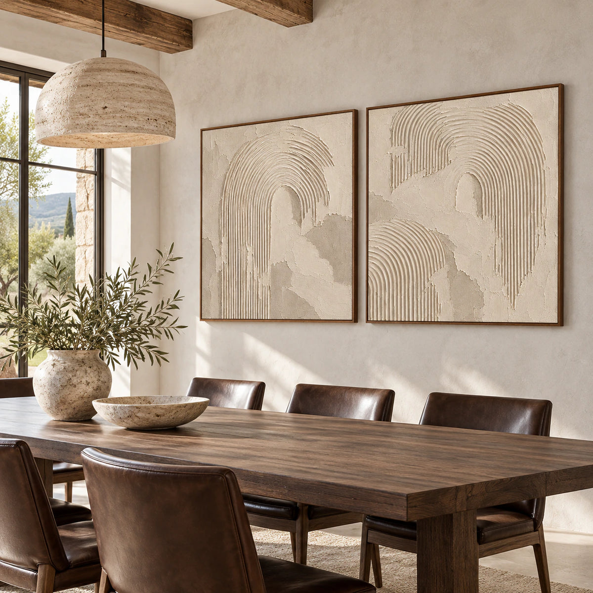 Refined dining room with the Plaster-Arches diptych hung side by side.