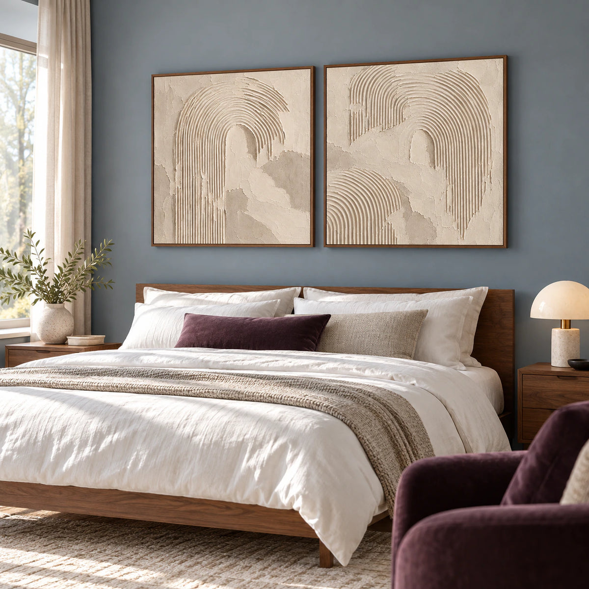 Quiet bedroom featuring the Plaster-Arches textured two-canvas set.