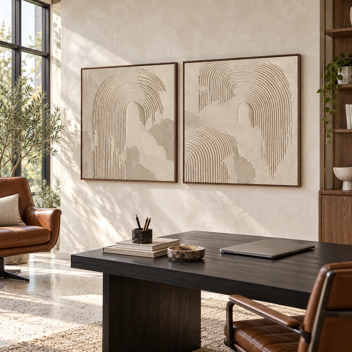Airy reading office with the Plaster-Arches square diptych as the focal point.