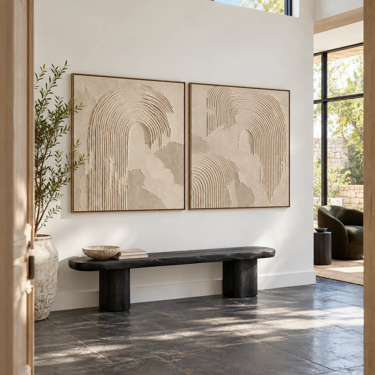 Gallery-scale foyer with the Plaster-Arches walnut-framed diptych.
