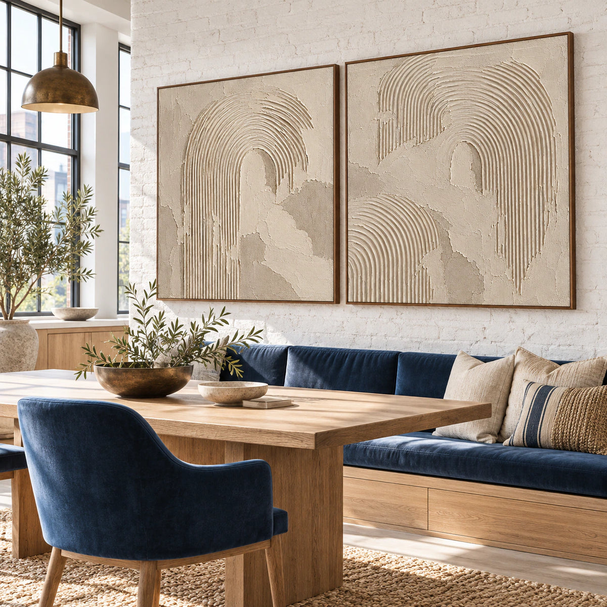 Expansive loft hospitality interior featuring the Plaster-Arches diptych.