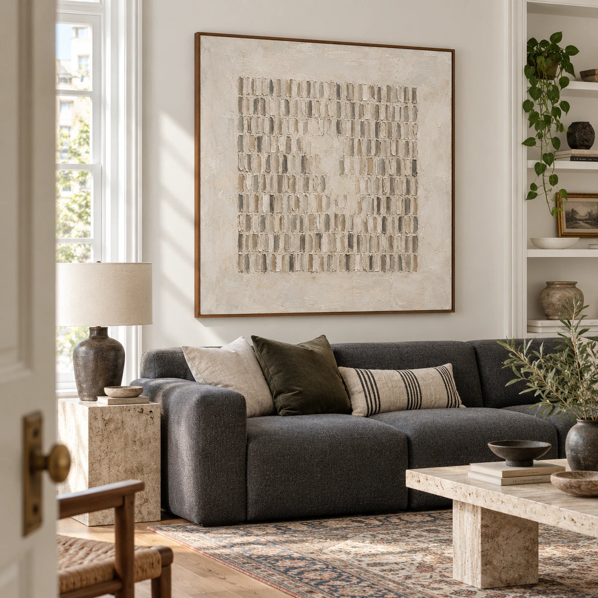Plaster-Archive as the focal point in a bright, open living room.