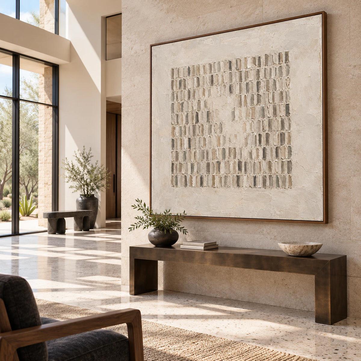 Plaster-Archive at gallery scale in a bright sculptural foyer.