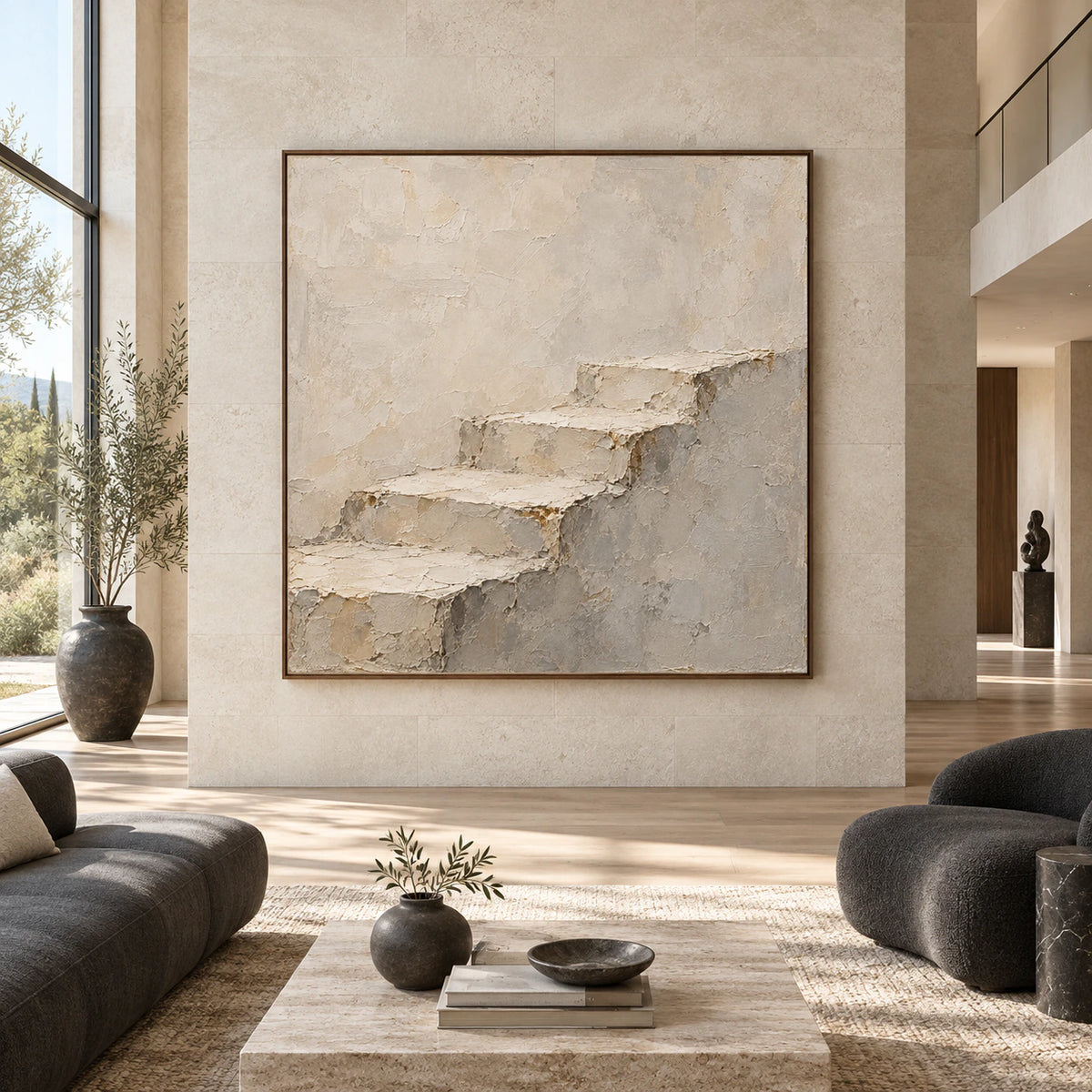 Large square Plaster-Ascent artwork displayed straight-on in a bright architectural living space.