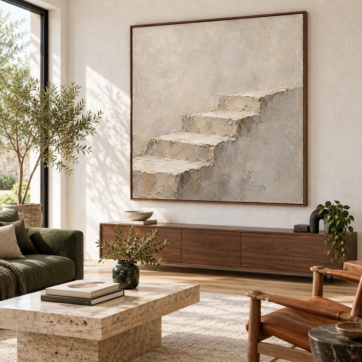 Plaster-Ascent as a large focal artwork in a bright contemporary living room.