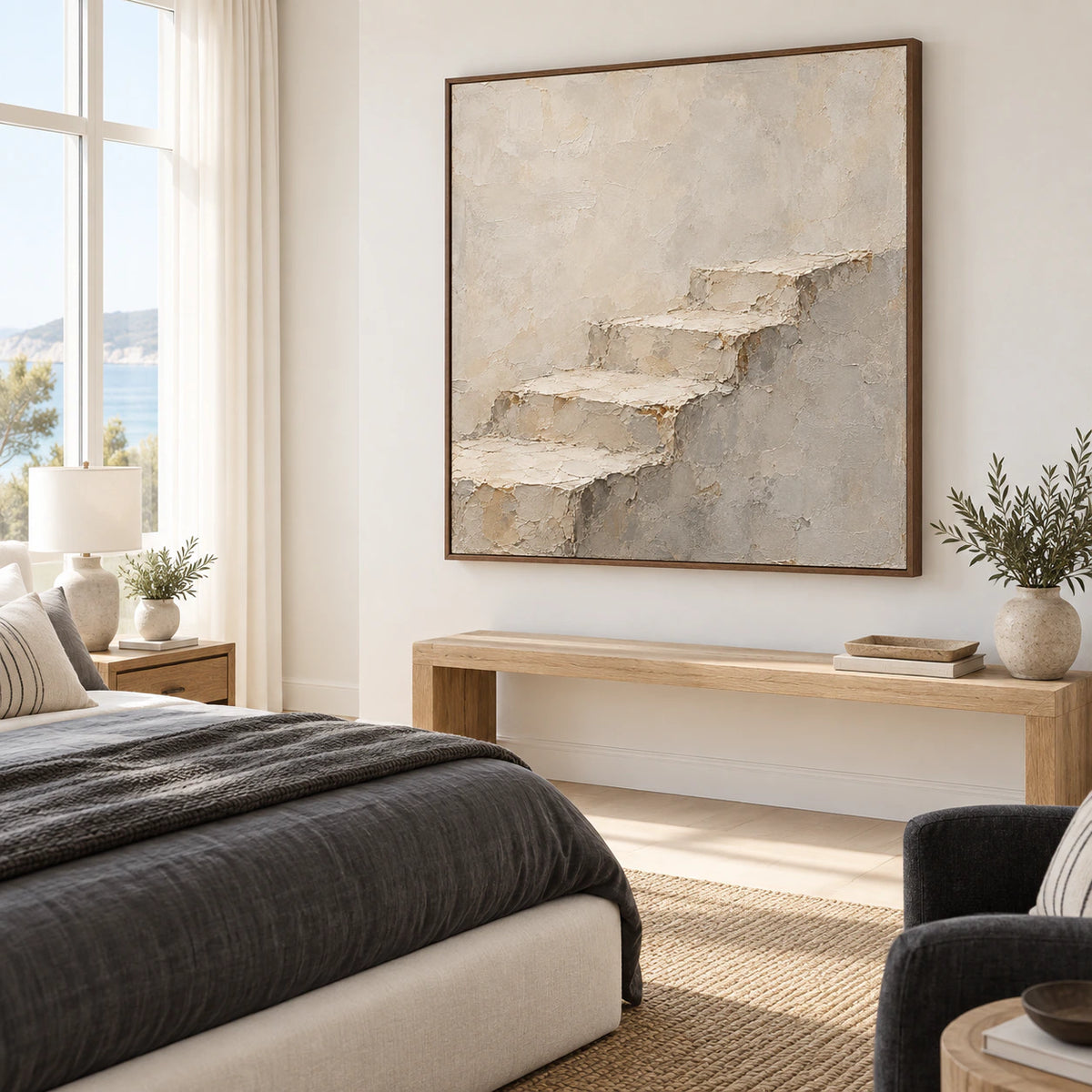 Plaster-Ascent as a large quiet focal point in a softly lit bedroom.