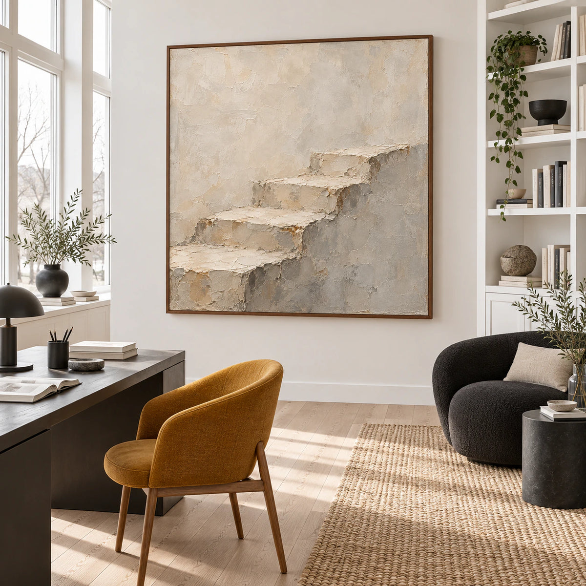 Plaster-Ascent in an airy home office with natural daylight and restrained furnishings.