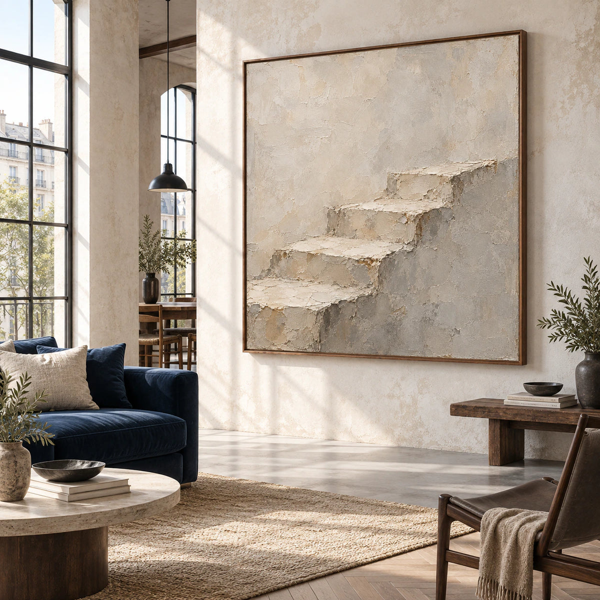 Plaster-Ascent displayed at large scale in an open hospitality loft interior.