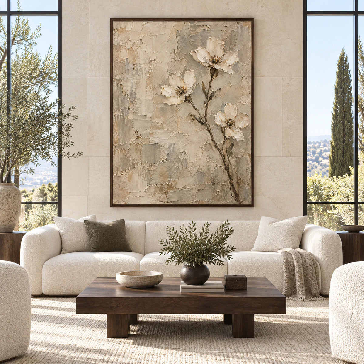 Large Plaster-Bloom painting displayed straight-on in a spacious, light-filled architectural living room.