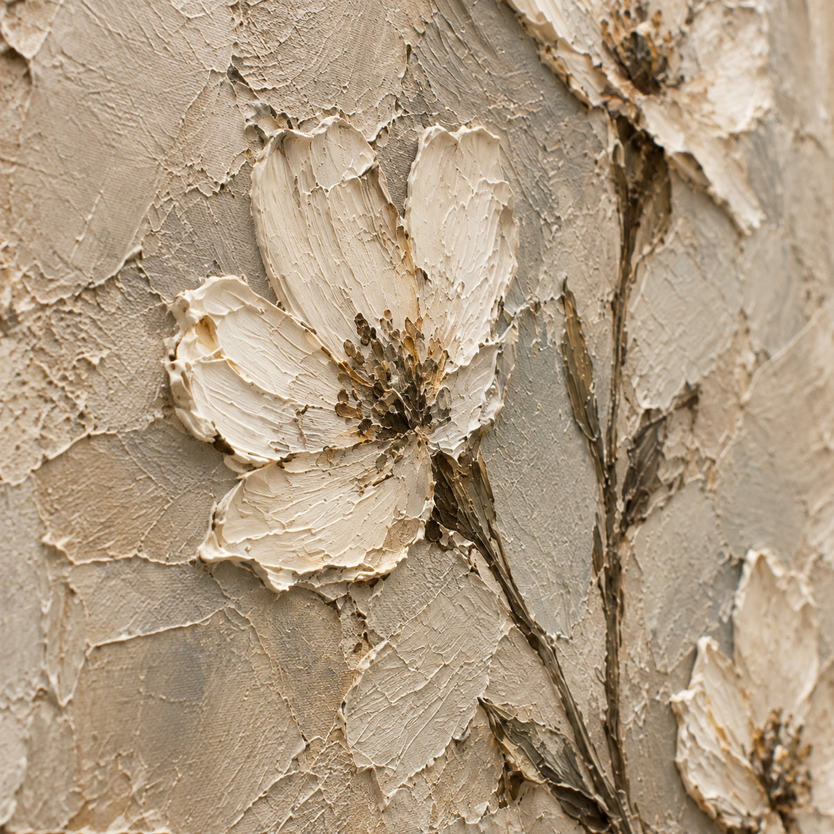Plaster-Bloom oil painting brushwork and impasto detail photographed from an oblique side angle