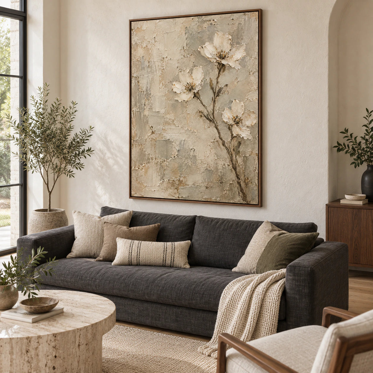 Plaster-Bloom as a large focal artwork in a bright contemporary living room.