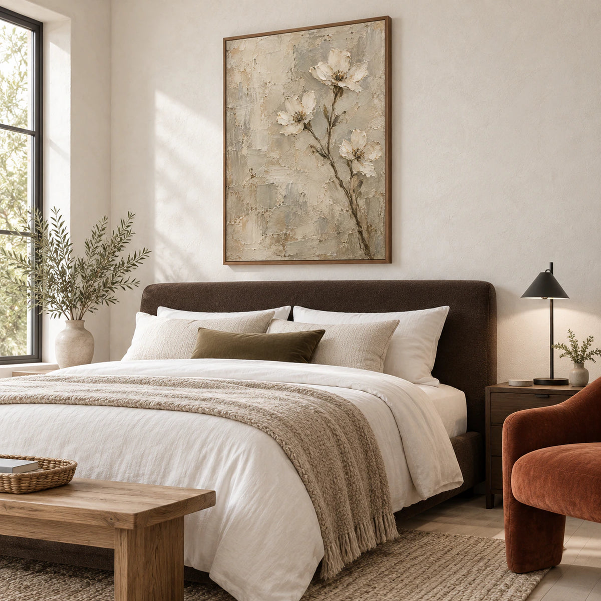 Plaster-Bloom bringing soft texture to a quiet, sunlit bedroom.