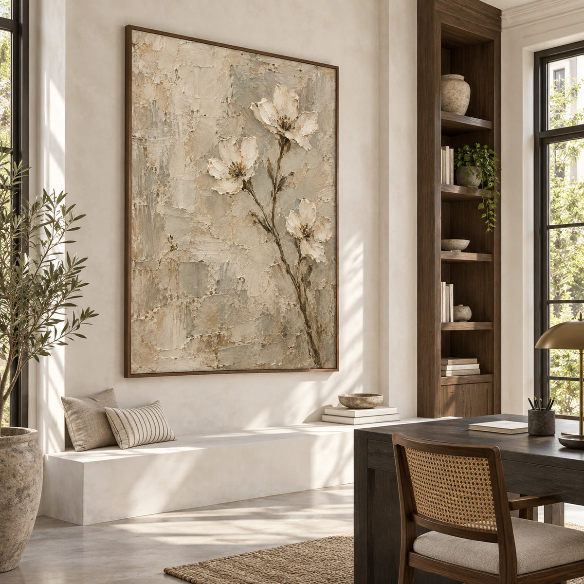 Plaster-Bloom as a large vertical artwork in an airy reading and home office space.