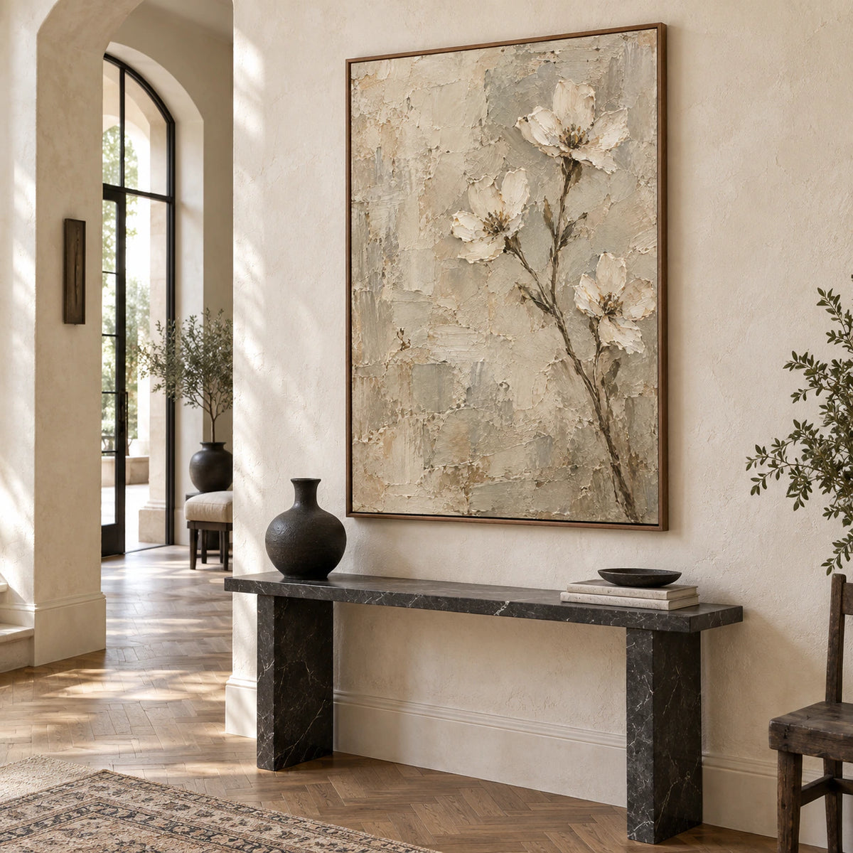 Plaster-Bloom presented at gallery scale in a bright sculptural foyer.