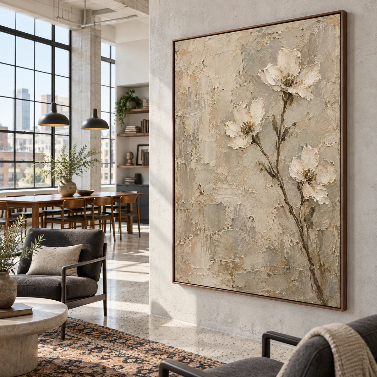 Plaster-Bloom anchoring an expansive daylight-filled loft hospitality interior.