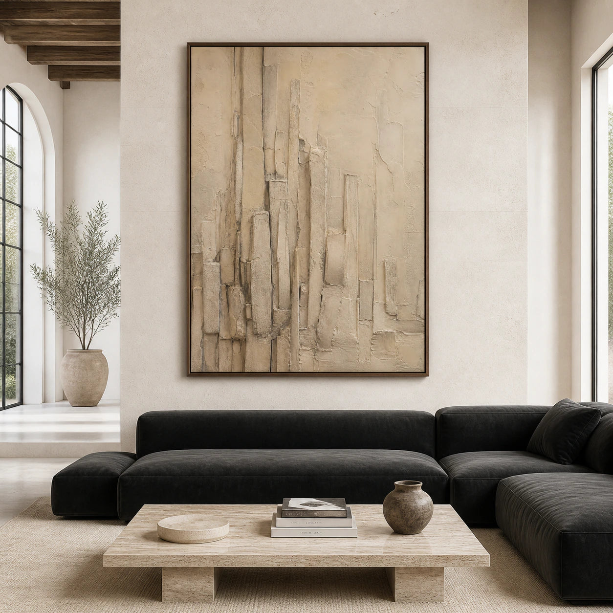 Plaster-Canopy displayed at large scale, straight-on in a bright spacious architectural living room.