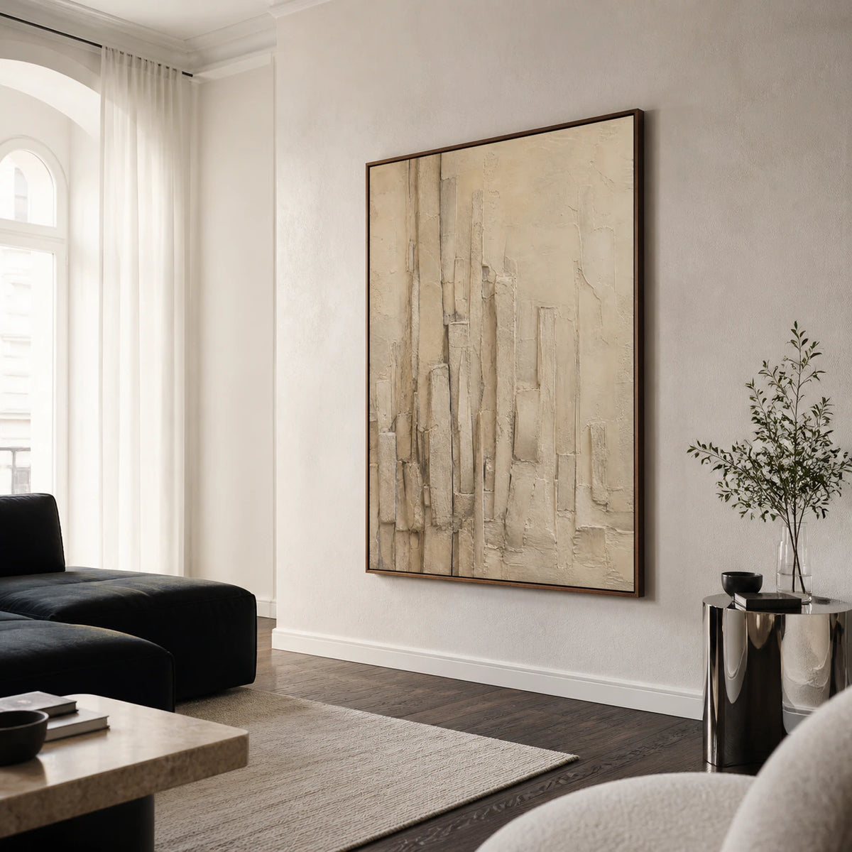 Plaster-Canopy as a large focal artwork in a bright contemporary living room.