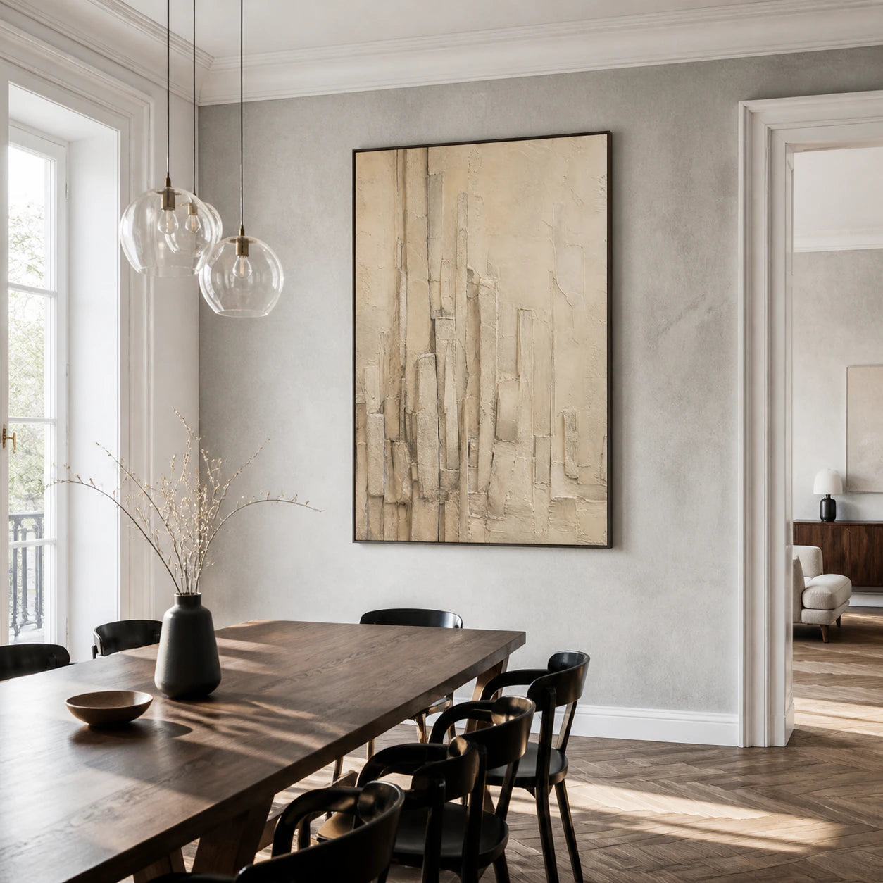 Plaster-Canopy above a refined dining setting in a daylight-filled interior.