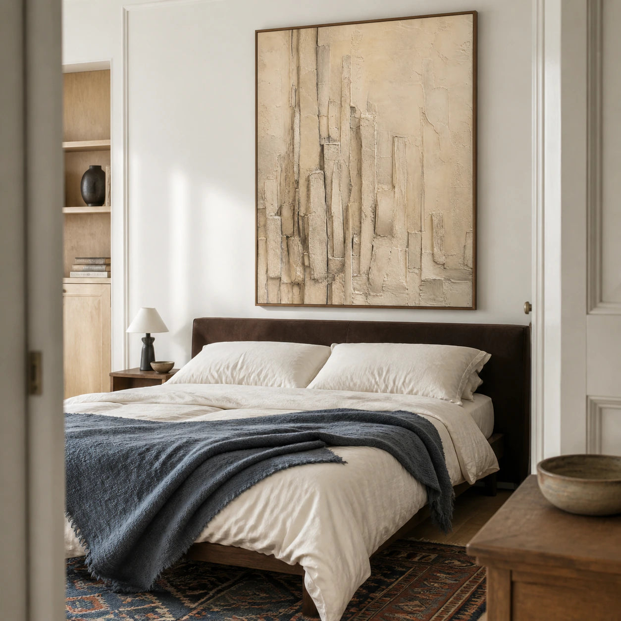Plaster-Canopy bringing tactile ivory relief to a quiet sunlit bedroom.