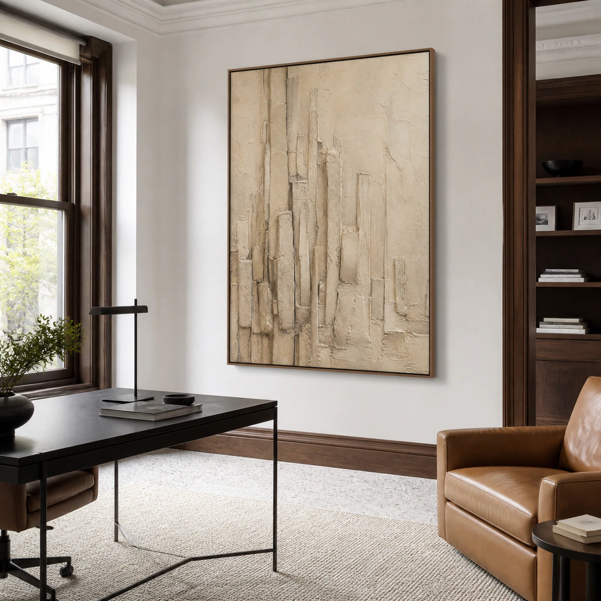 Plaster-Canopy featured in an airy home office with restrained natural materials.