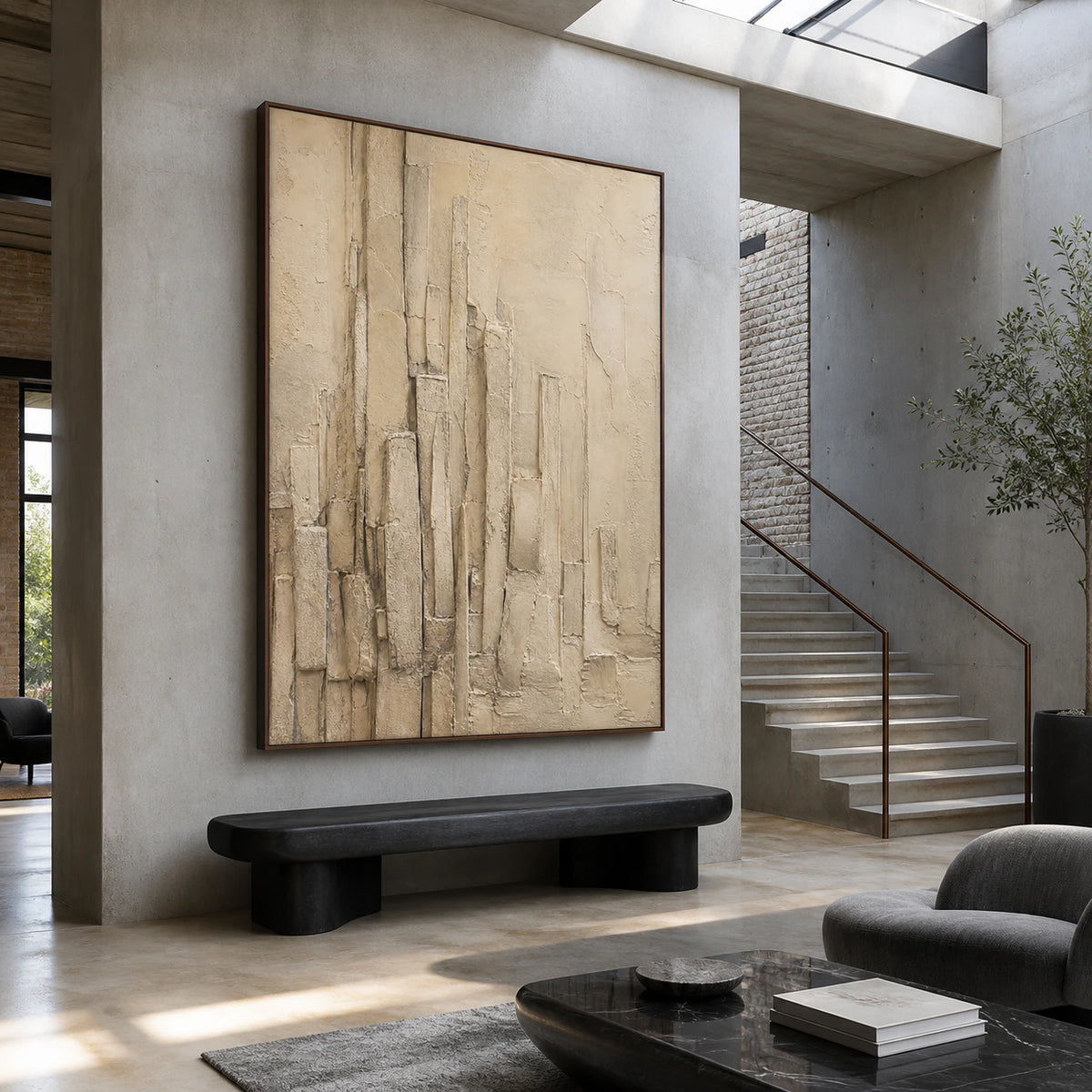 Plaster-Canopy shown at gallery scale in a bright architectural foyer.