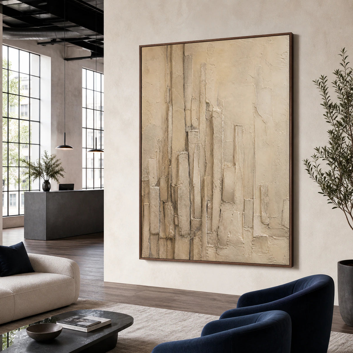 Plaster-Canopy anchoring an expansive daylight-filled loft hospitality interior.