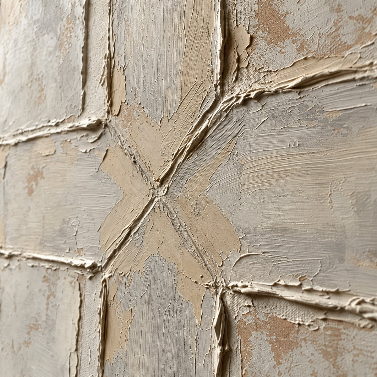 Plaster-Compass oil painting brushwork and impasto detail photographed from an oblique side angle