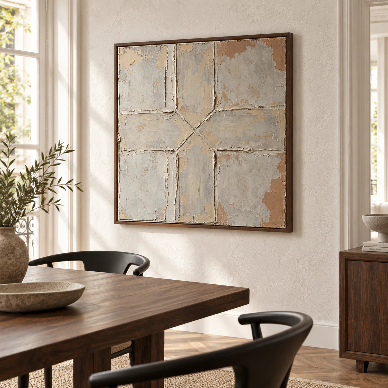 Square textured abstract artwork in a refined daylight dining room.