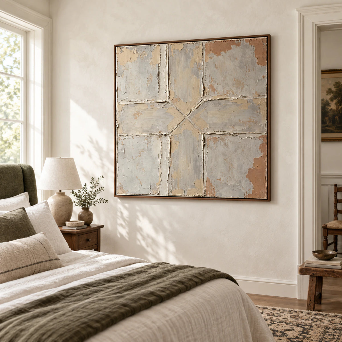 Square textured abstract artwork in a quiet, softly lit bedroom.