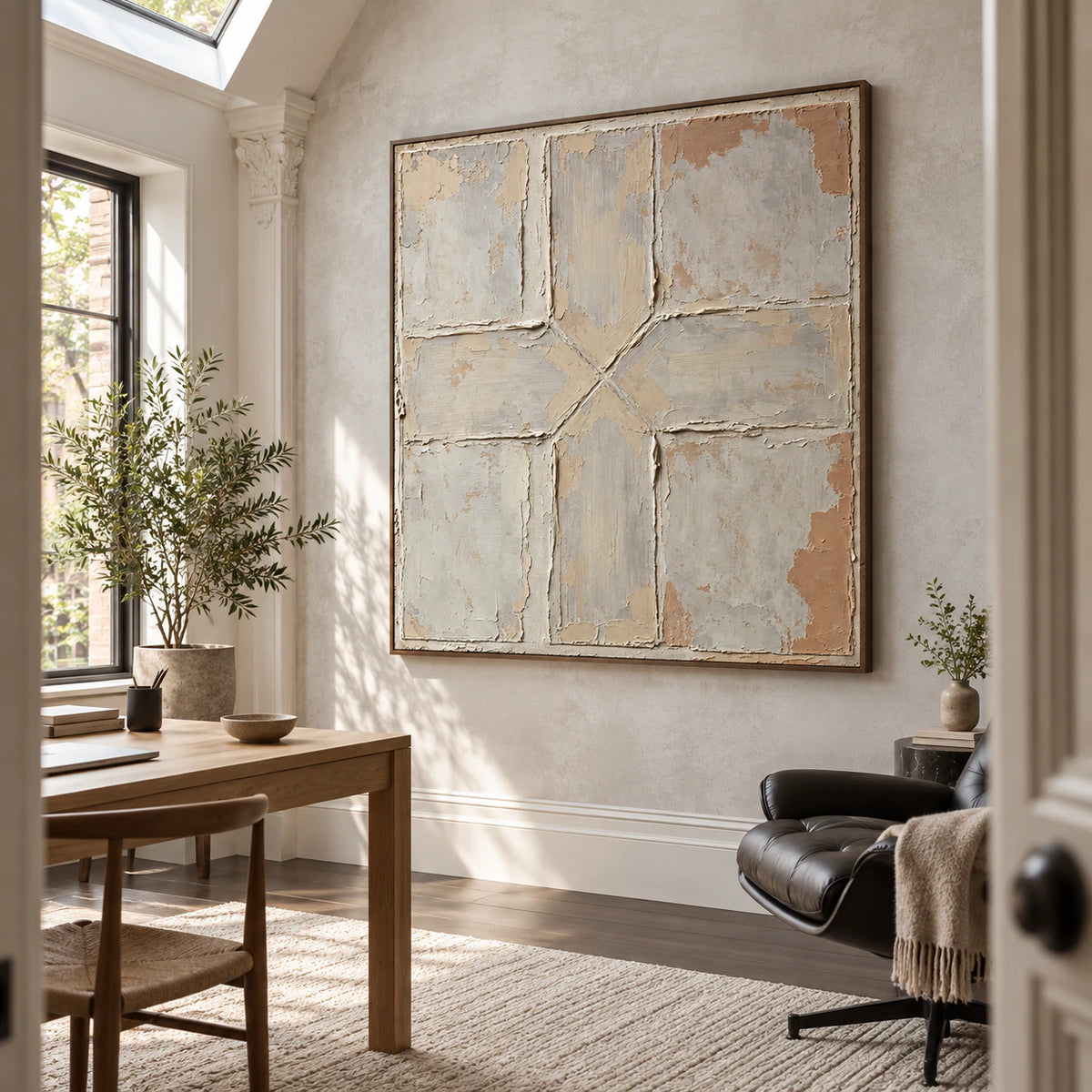 Square textured abstract artwork in an airy home office reading space.