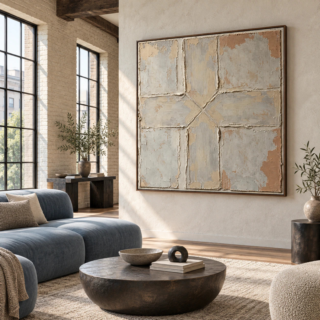 Square textured abstract artwork in an expansive daylight loft interior.