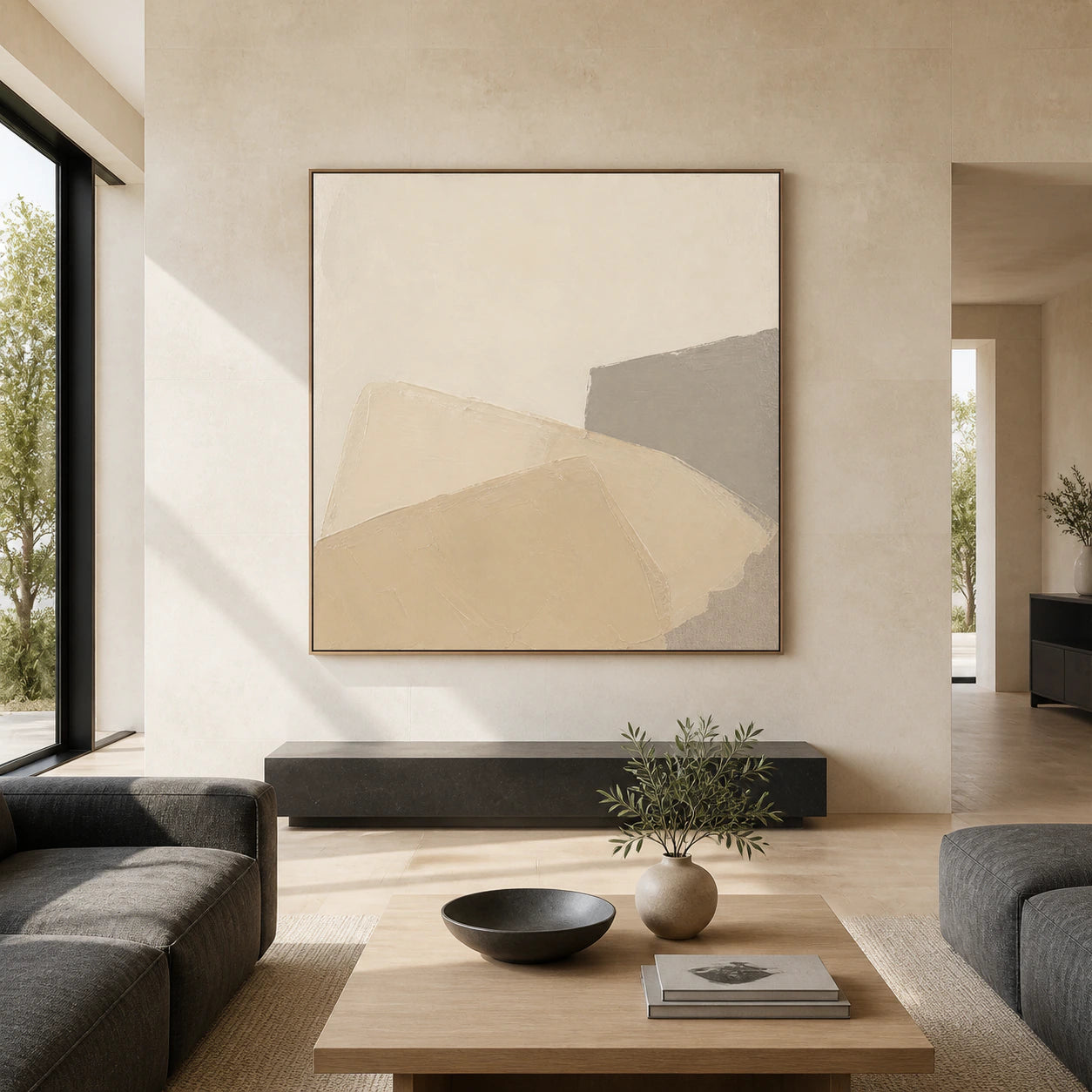Large square Plaster-Contour painting displayed straight-on in a bright architectural living space.