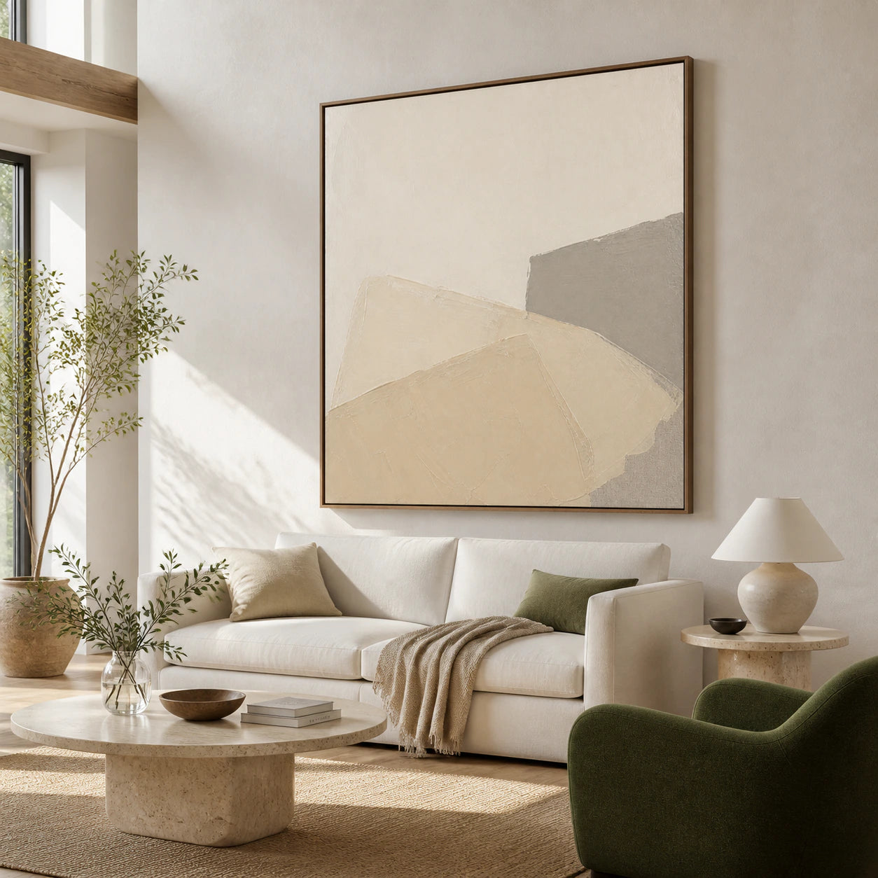 Plaster-Contour above a restrained sofa in a bright contemporary living room.