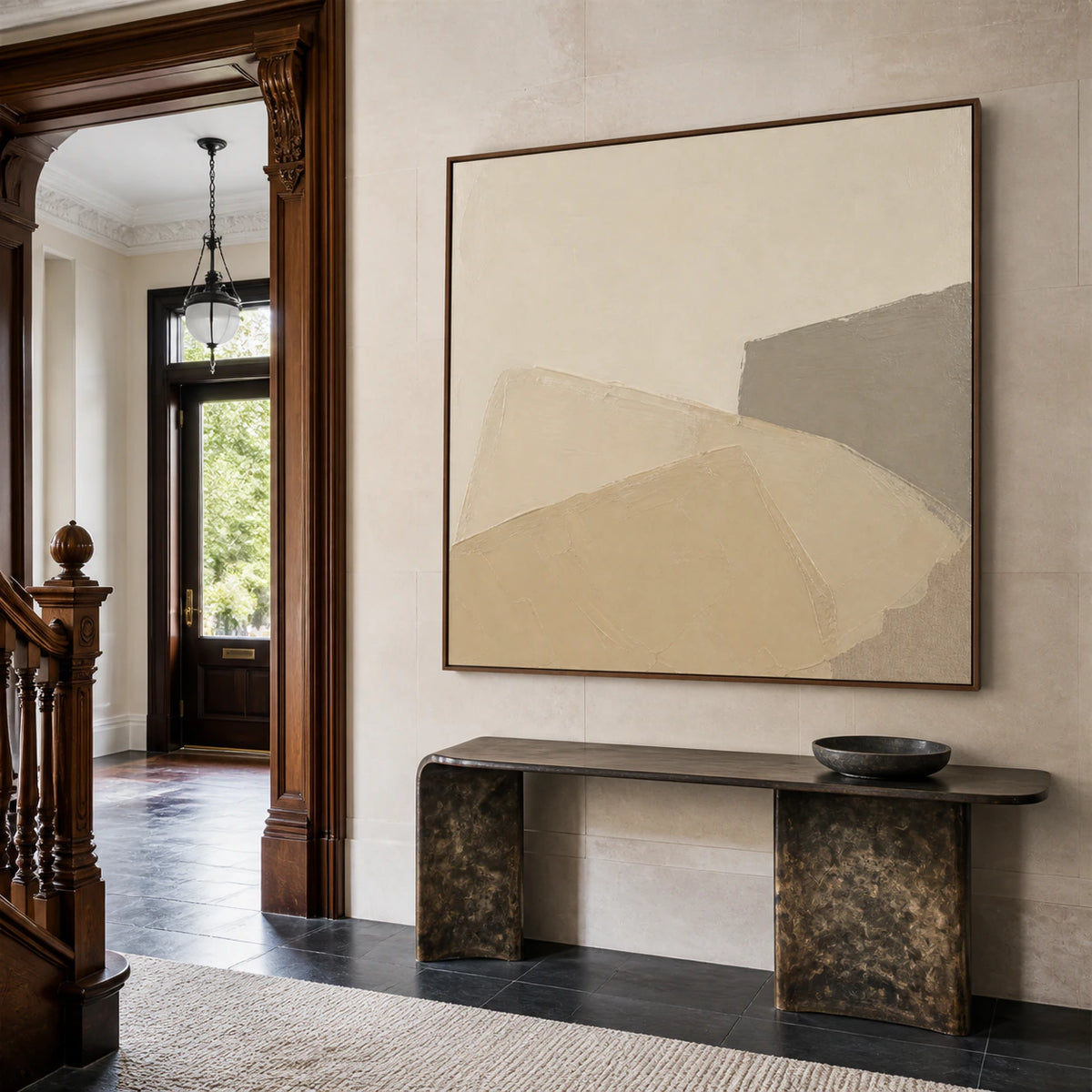 Large Plaster-Contour painting in a gallery-scale stone foyer.