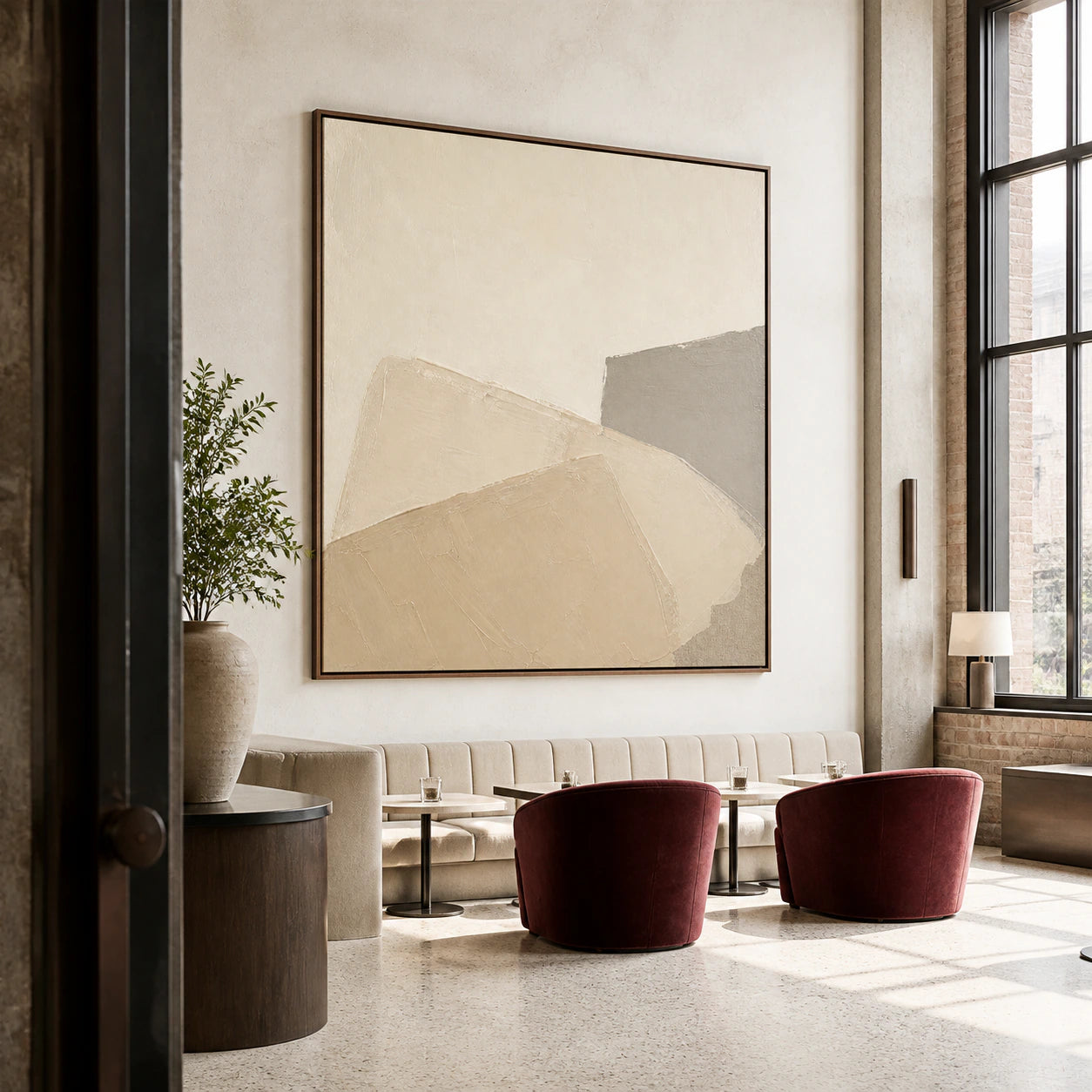 Plaster-Contour featured in an expansive sunlit loft hospitality interior.
