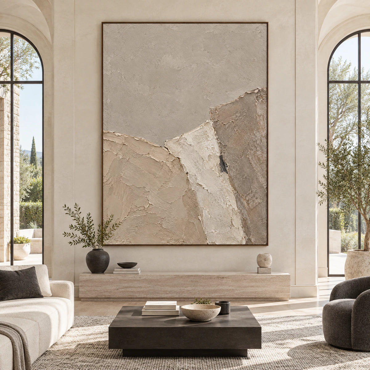 Large vertical neutral textured abstract painting shown straight-on in a bright architectural living space.