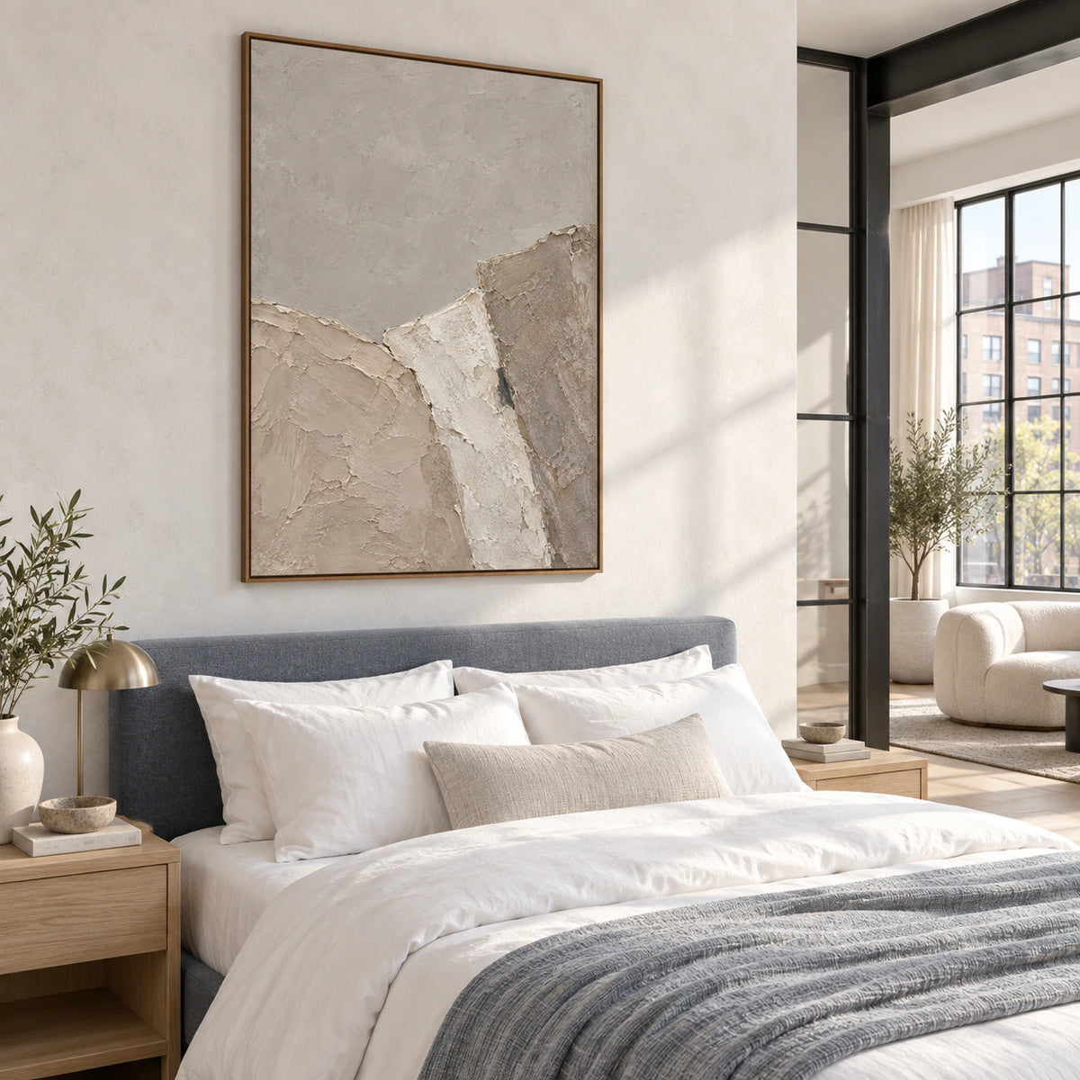 Vertical plaster-textured abstract painting in a quiet, light-filled bedroom.