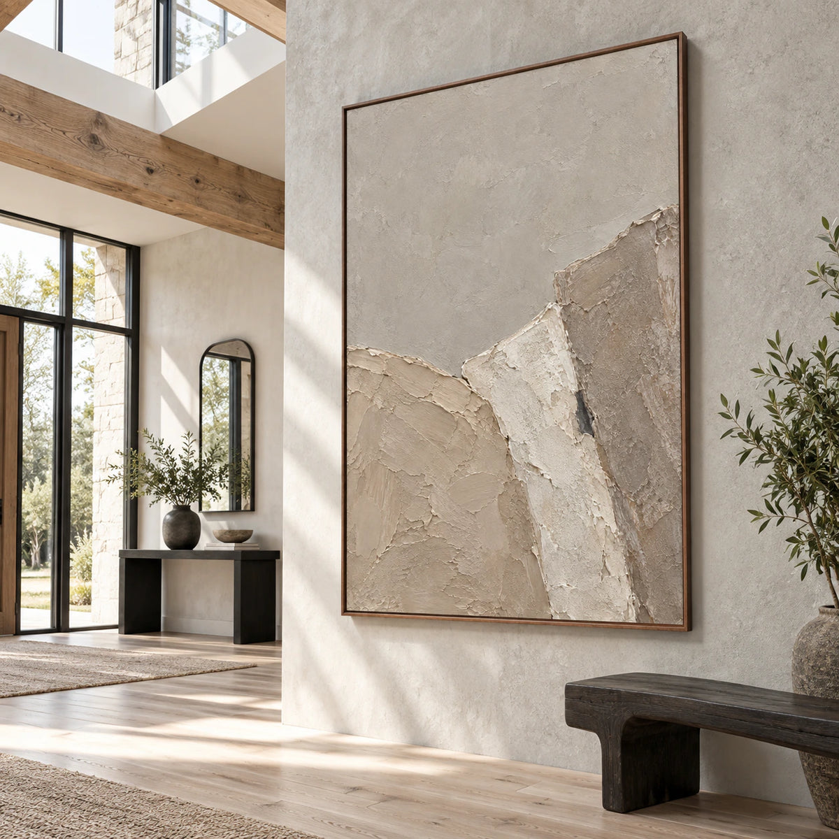 Gallery-scale vertical abstract painting in a bright architectural foyer.