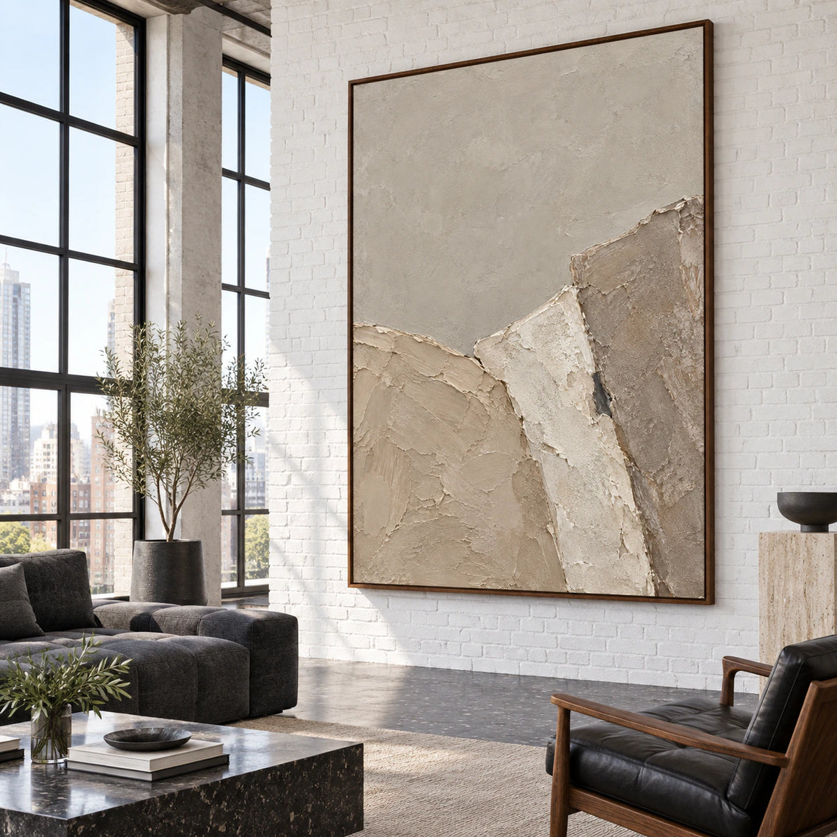 Large neutral textured abstract painting in an expansive contemporary loft interior.