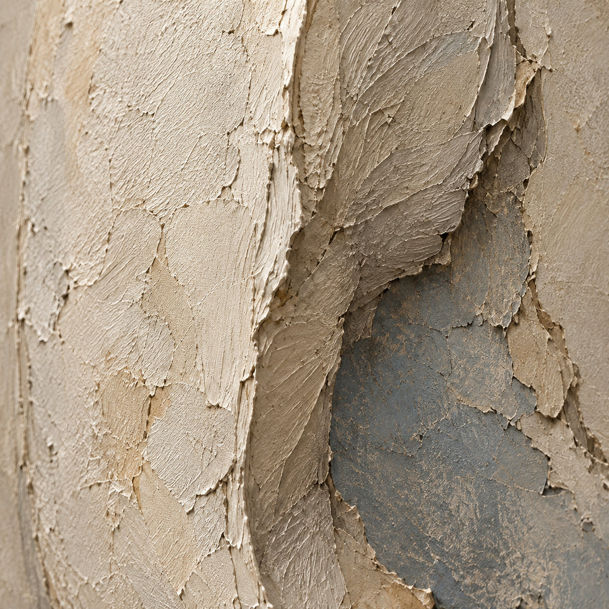 Plaster-Crescent oil painting brushwork and impasto detail photographed from an oblique side angle
