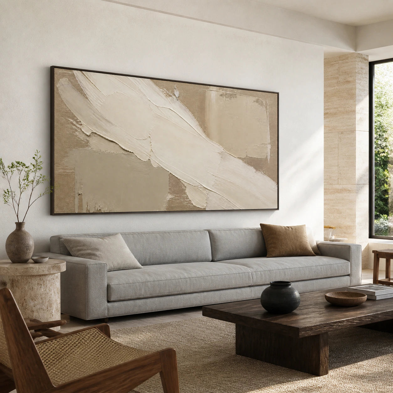 Plaster-Current above a restrained sofa in a bright contemporary living room.